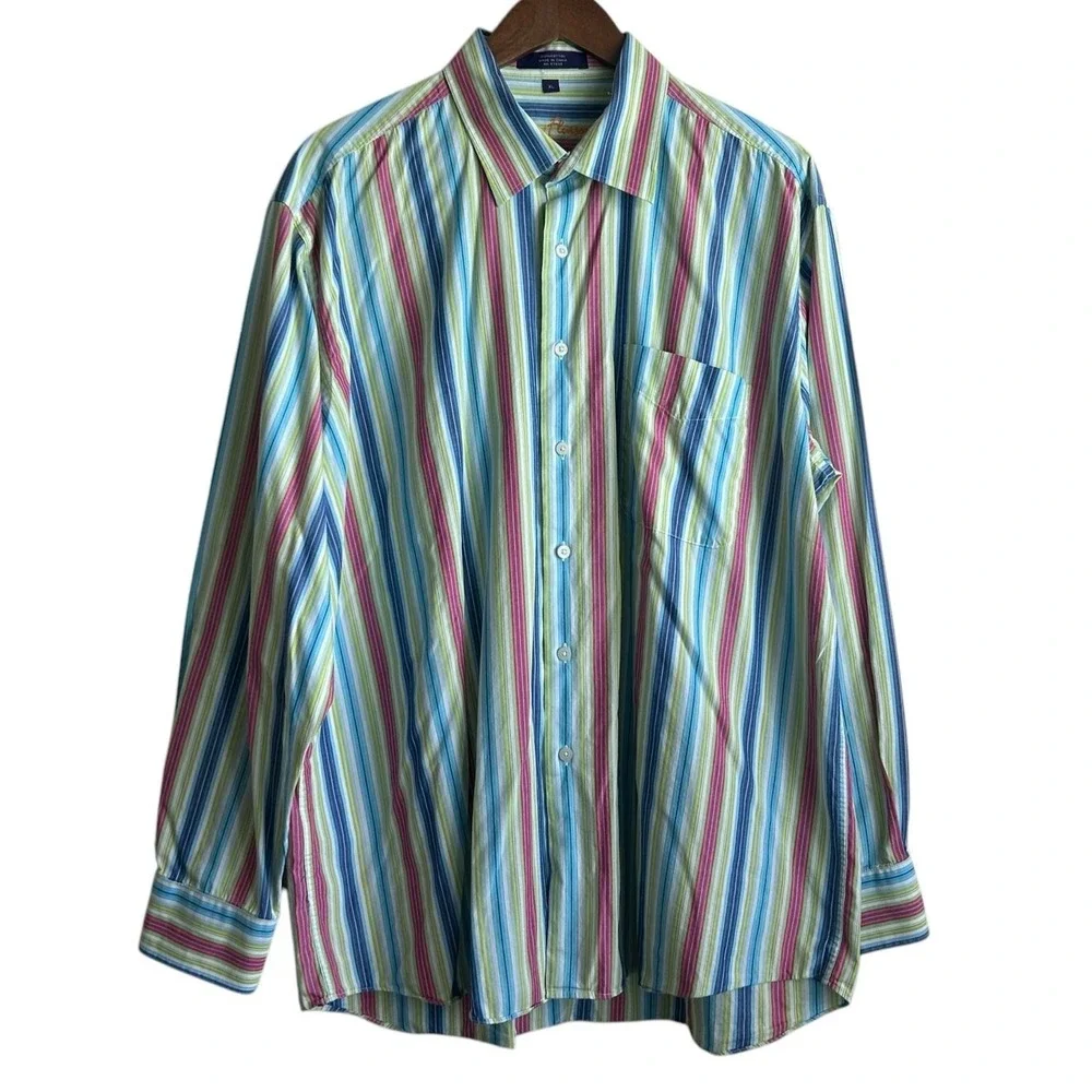 Alan Flusser Mens Shirt XL‎ Multicolored Striped Button Up Preppy Travel Office